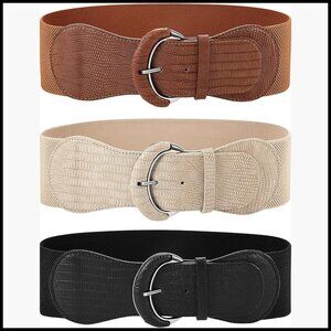 Wide Elastic Leather Belt Set for Dresses, 3 Piece Stretchy Cinch